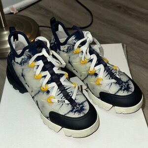 Dior women’s Navy Tie-Dye Low-Top Sneakers with Yellow Eyelets